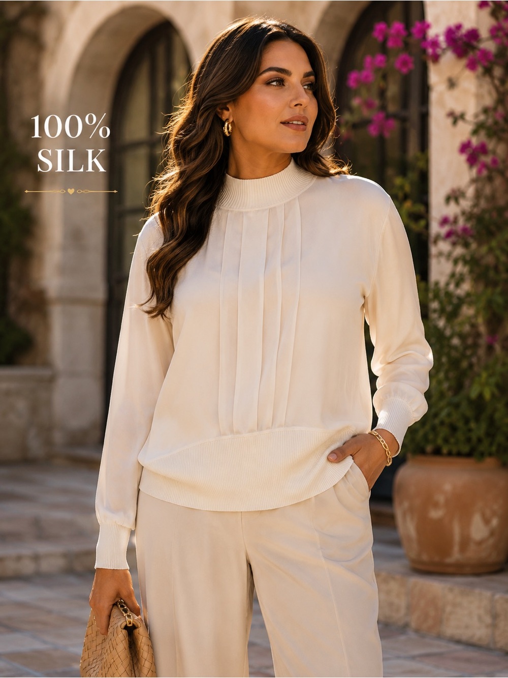Ellen Tracy 100% Silk Ivory Pleated Mock Neck Sweater Top XL Quiet Luxury